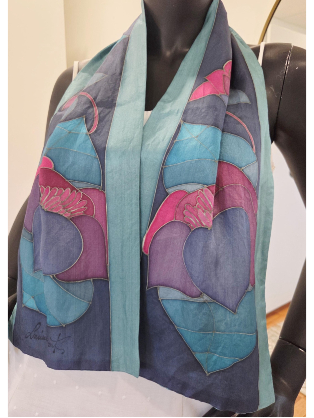 Vintage Hand‑Painted Silk Scarf, Louise Lincourt, Teal Blue Purple